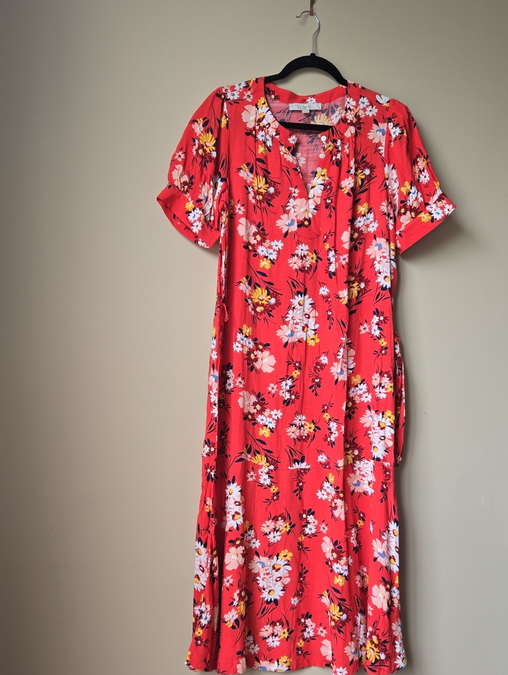 LOFT Red Floral Midi Dress with Short Sleeves